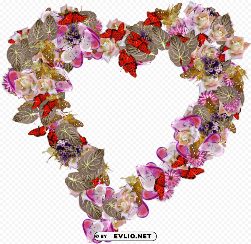 heart made of butterflies and leaves Clear Background PNG Isolated Element Detail