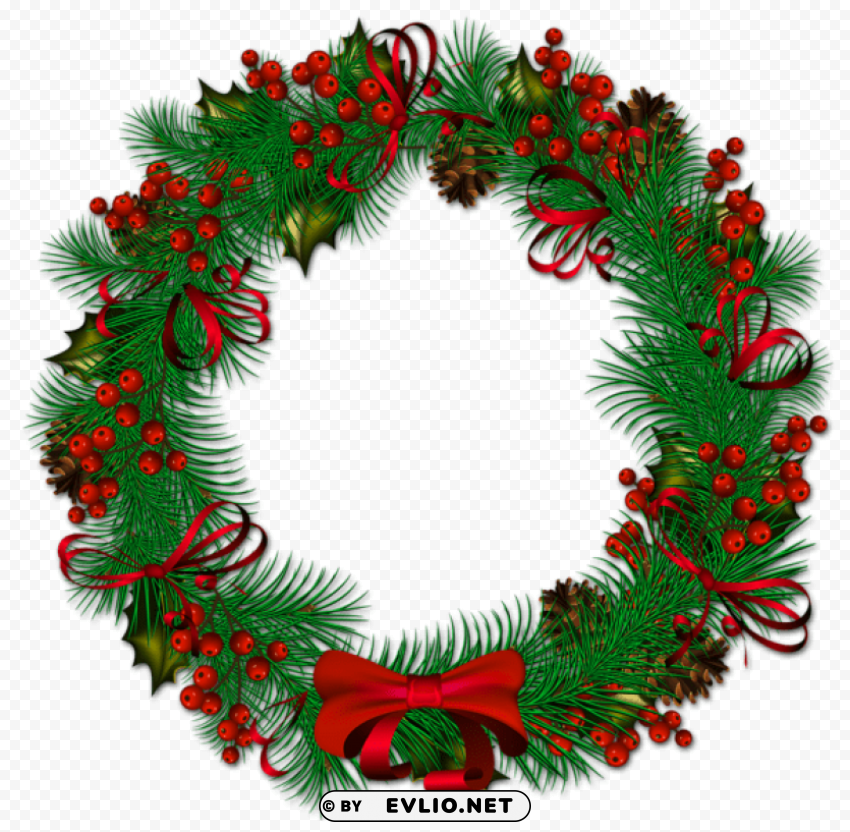  christmas pinecone wreath with red ribbon Transparent Background Isolated PNG Art