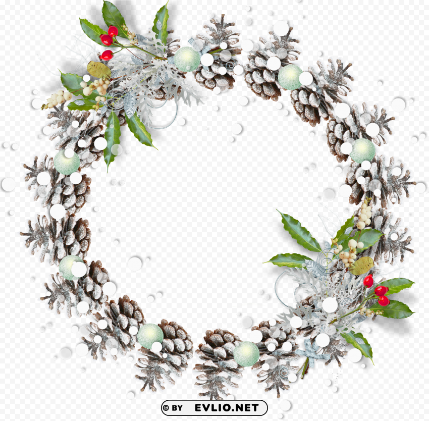 round snowy pine cone transparent christmas photo - round christmas frame Isolated Artwork with Clear Background in PNG