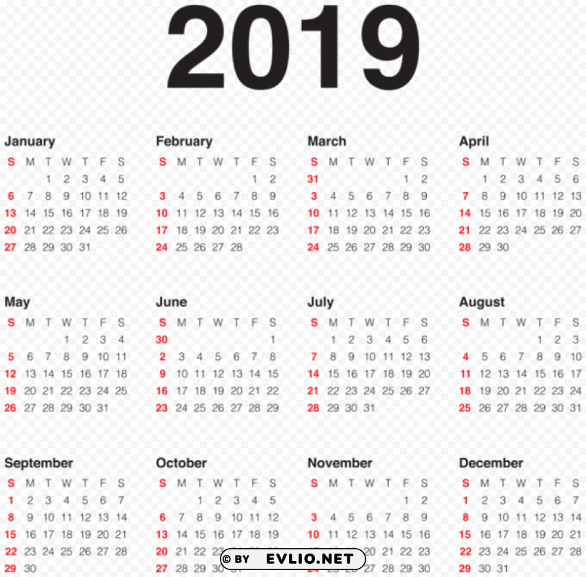 2019 transparent calendar black PNG files with clear background collection
