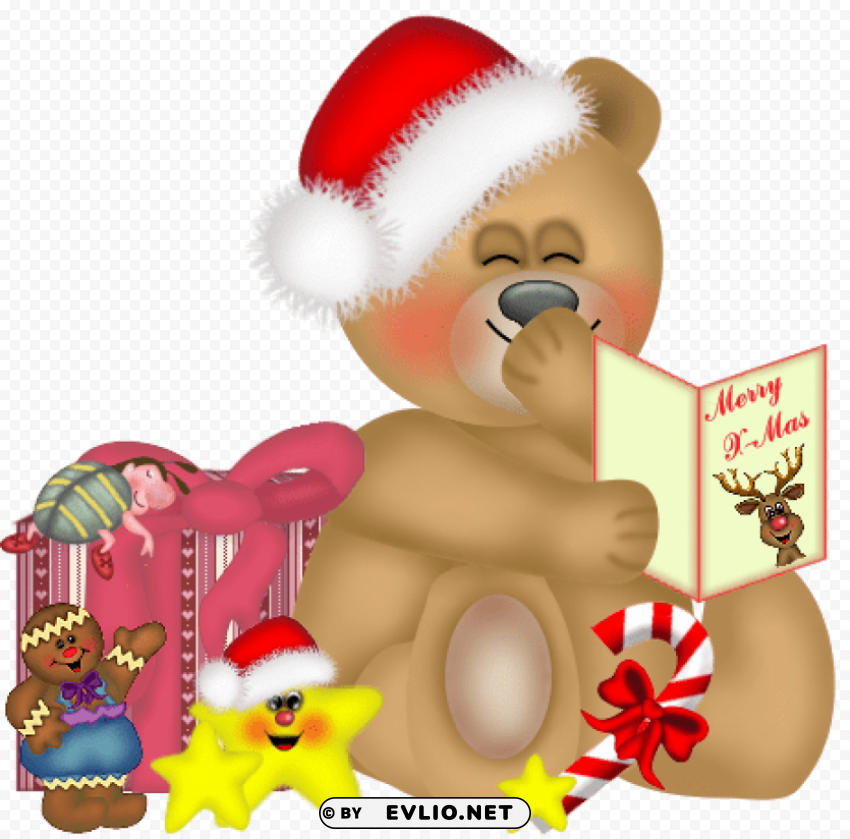 christmas teddy bear with christmas card PNG photo