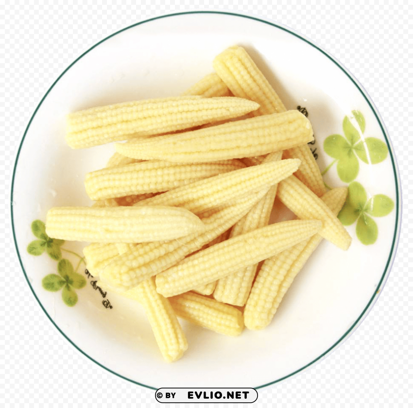 fresh baby corns served in a white plate Isolated Item with Clear Background PNG