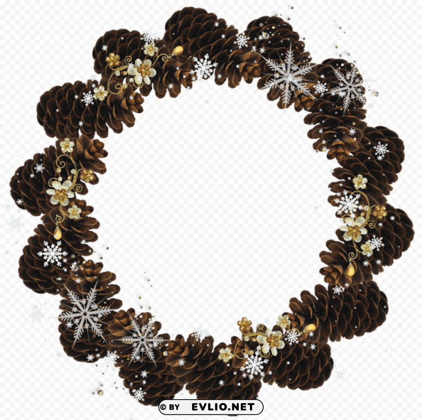 round pine conechristmas photo frame with gold flowers PNG no watermark