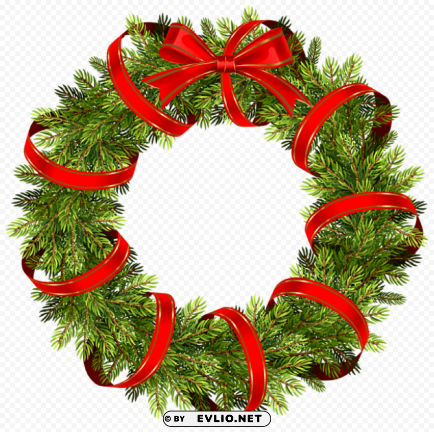 green christmas pine wreath with red ribbon PNG without background