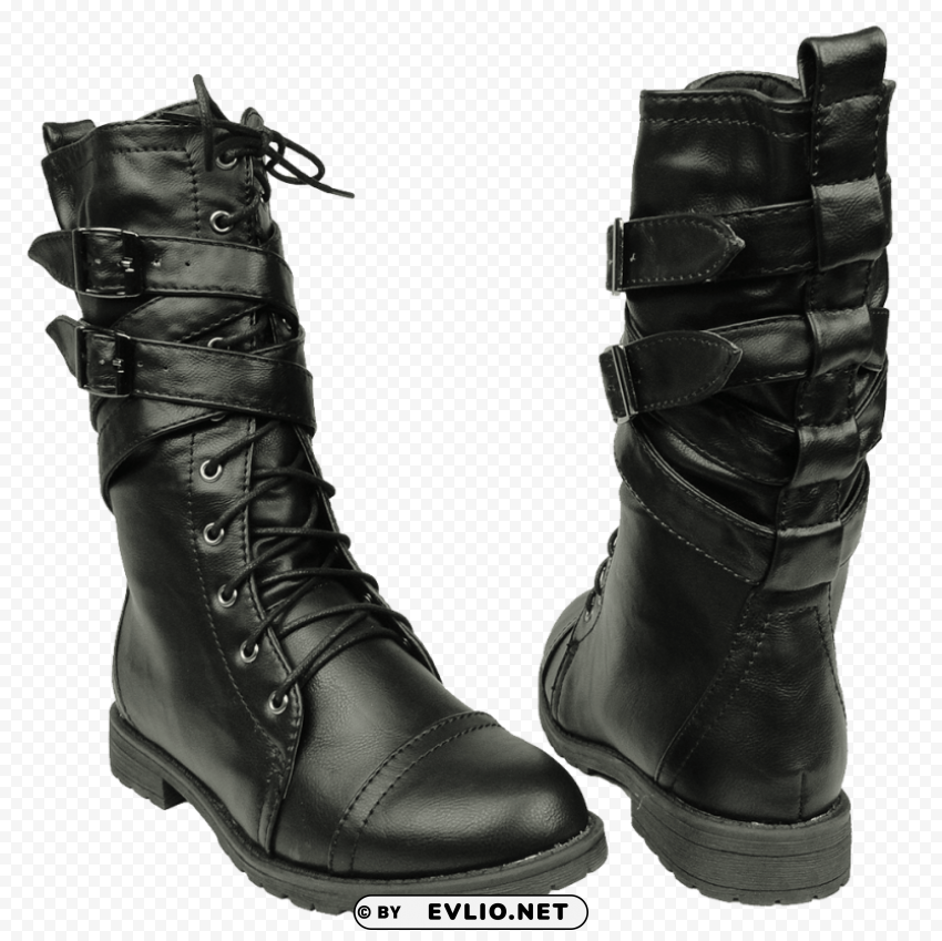 women's mid calf cross strap buckle combat boots Clear Background Isolated PNG Object