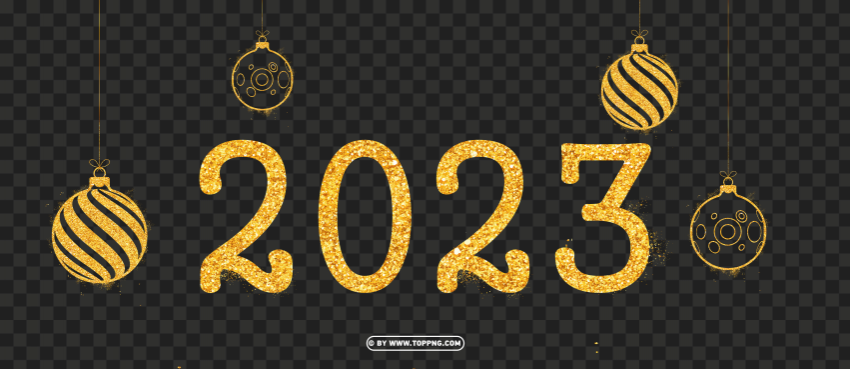 gold glitter 2023 with hanging christmas balls design Transparent Background PNG Isolated Pattern