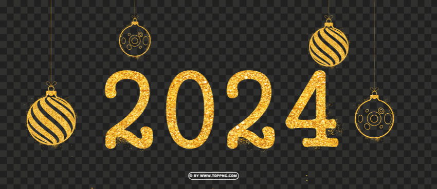 gold glitter 2024 with hanging christmas balls design Transparent Background PNG Isolation