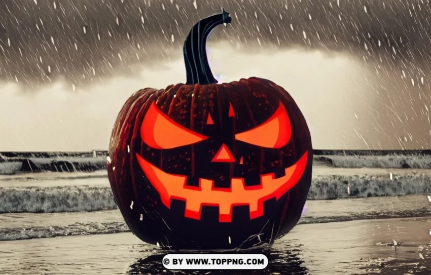 Beachside Jack-o-lantern Halloween Rain Scene Background Isolated Illustration on Transparent PNG