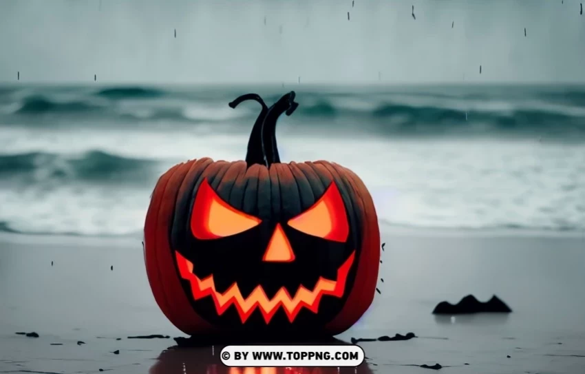 Halloween Jack-o-lantern on the beach in the rain Background Isolated Subject in HighResolution PNG