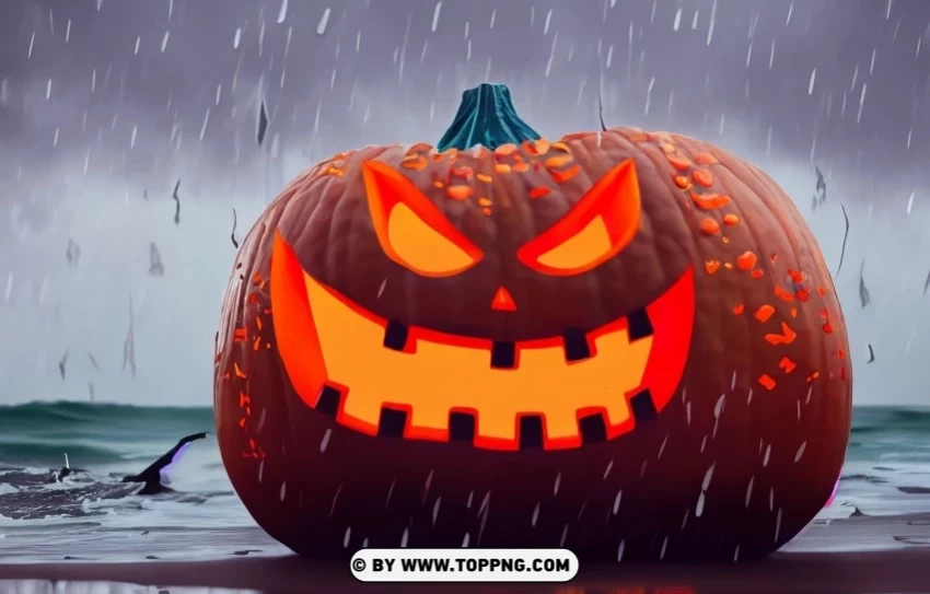 Halloween Stormy Seashore Jack-o-lantern in the Rain Isolated Subject on Clear Background PNG