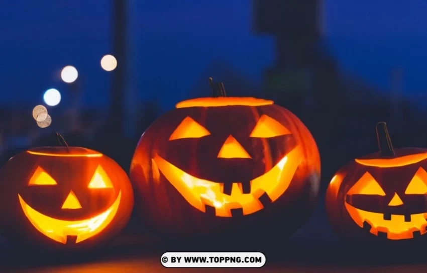 Nighttime Glow Two Illuminated Jack-o-lanterns HD Wallpaper PNG for online use