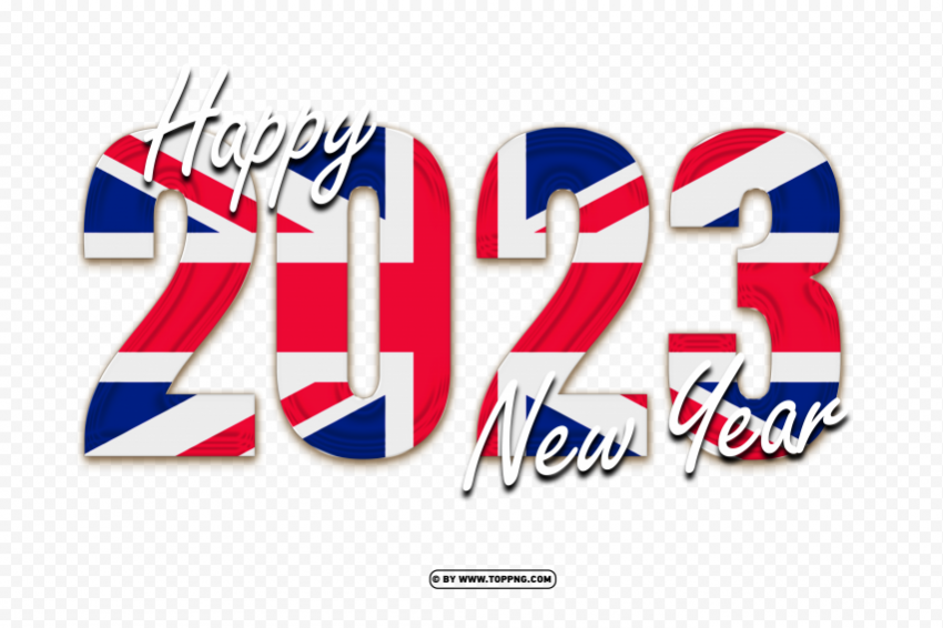 2023 happy new year with the united kingdom flag Transparent PNG Isolated Object with Detail