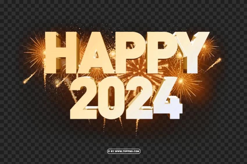 3d happy 2024 graphic design with firework gold HighResolution Transparent PNG Isolation