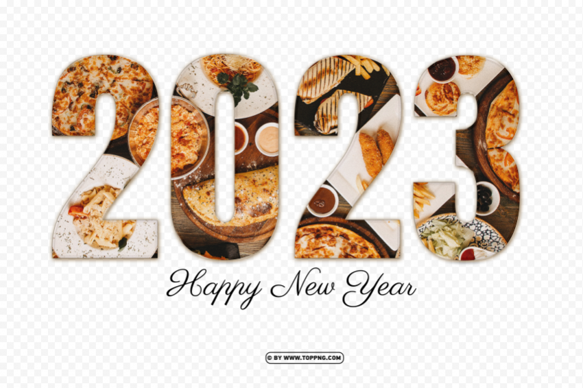 hd 2023 happy new year numbers with foods design Free PNG download - Image ID 960a3d21