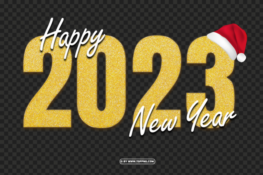 with santa hat 2023 happy new year yellow golden glitter ClearCut Background Isolated PNG Graphic Element