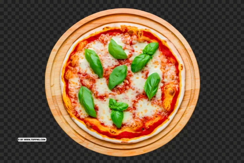 Tasty Margherita Pizza on Wooden Plate Top View HD PNG Graphic Isolated on Transparent Background - Image ID fa30cb34