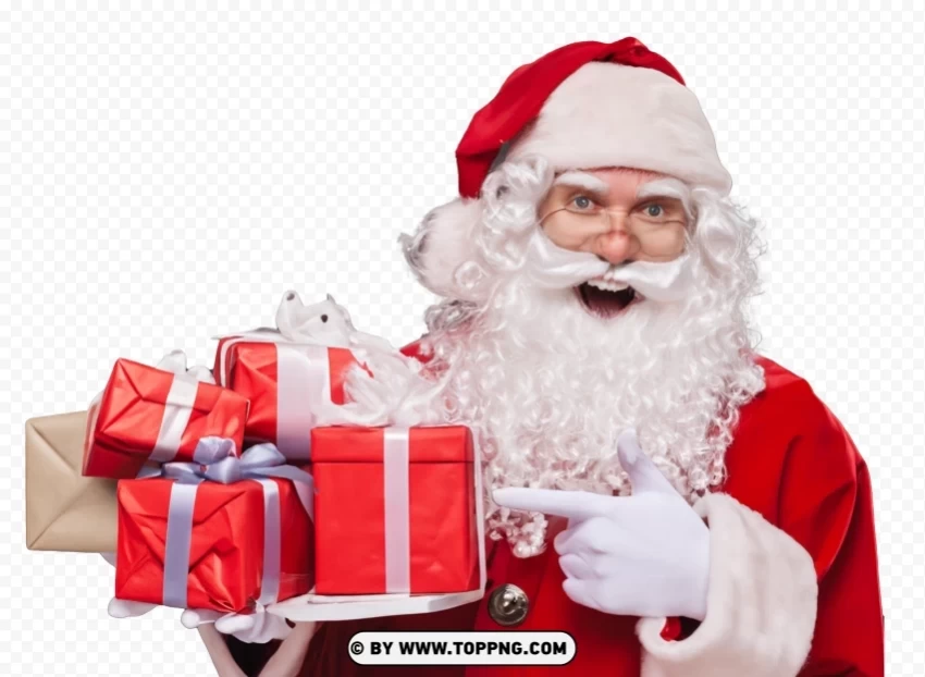 Imagen de Santa Claus un Papá Noel blanco sonriente con traje rojo y regalos Clear PNG file