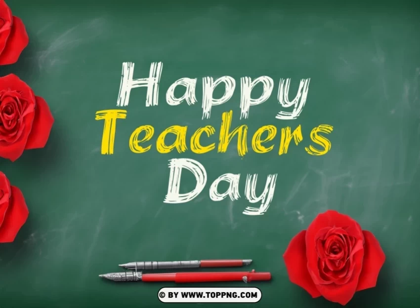 Happy Teachers Day on a school blackboard and red rose pens and flowers Photo Clear PNG pictures assortment