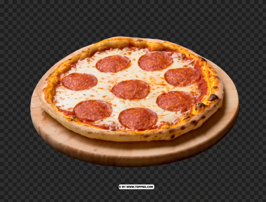 Delicious Pepperoni Pizza on Wooden Plate with Italian Garlic Bread HD PNG Graphic Isolated with Clarity
