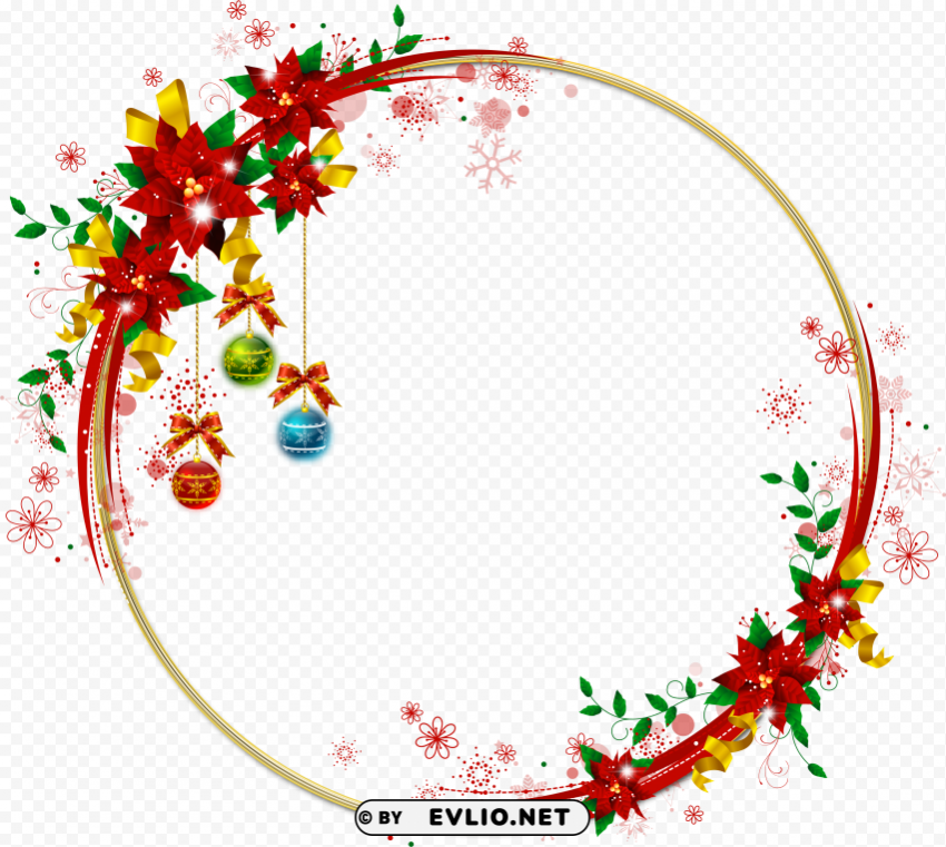 oinsettia clipart gold - christmas round frame Isolated Artwork on Clear Transparent PNG